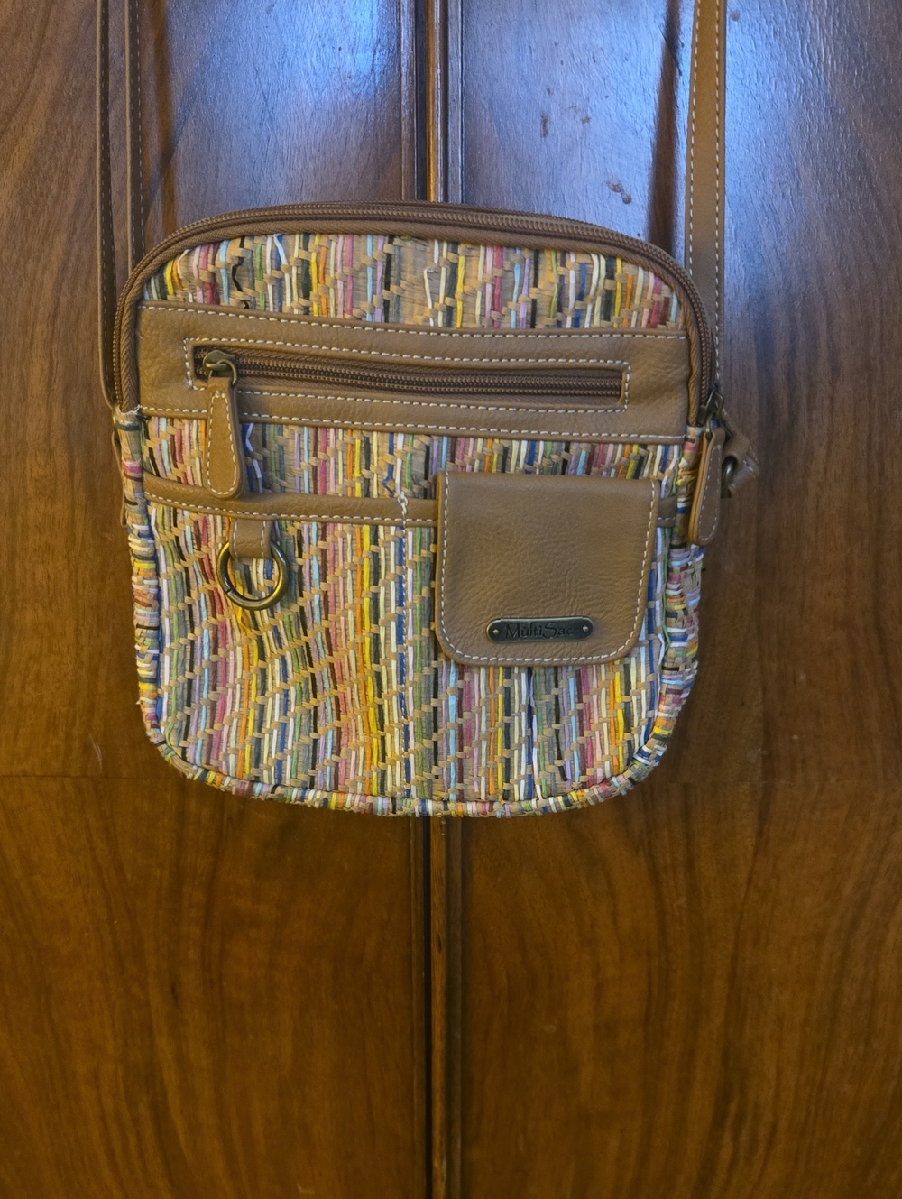 Multi-Color Woven Crossbody Bag with Tan Trim